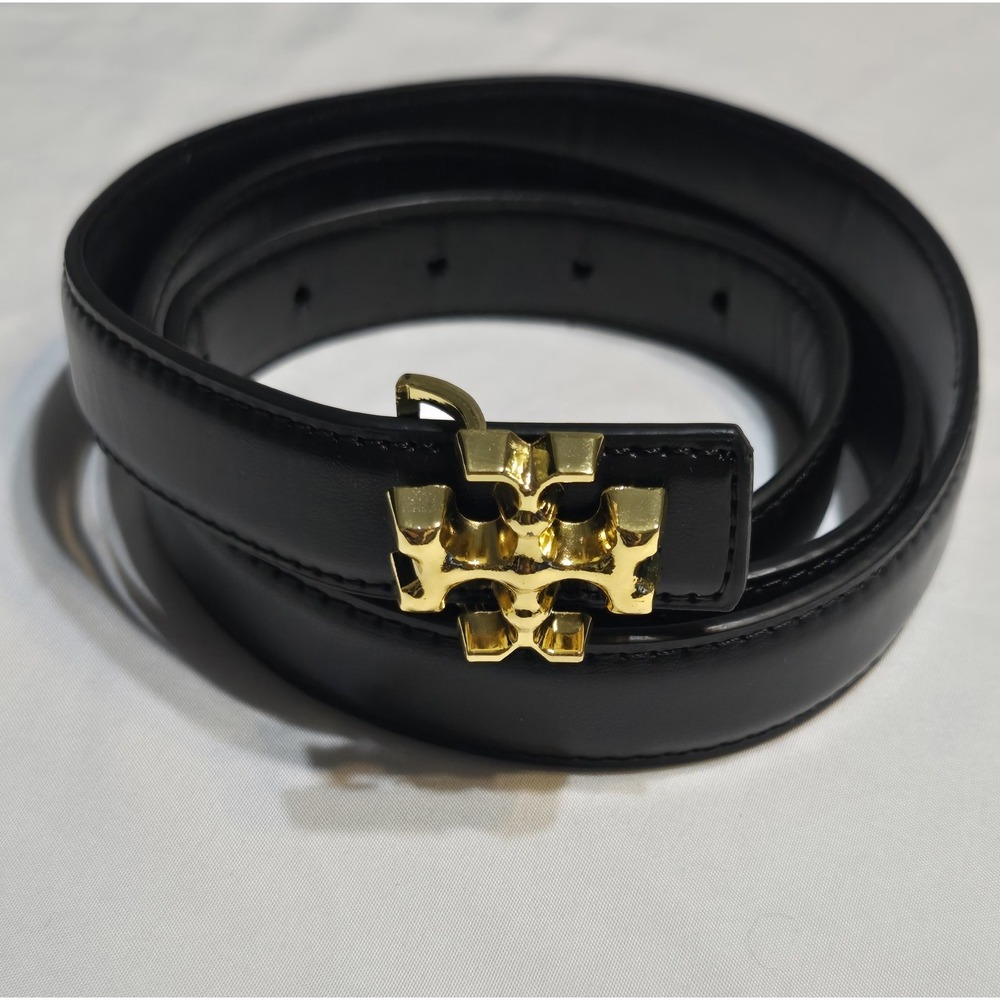 Tory Burch Kira Glazed Logo Belt In Black Womens Medium Adjustable Gold Buckle